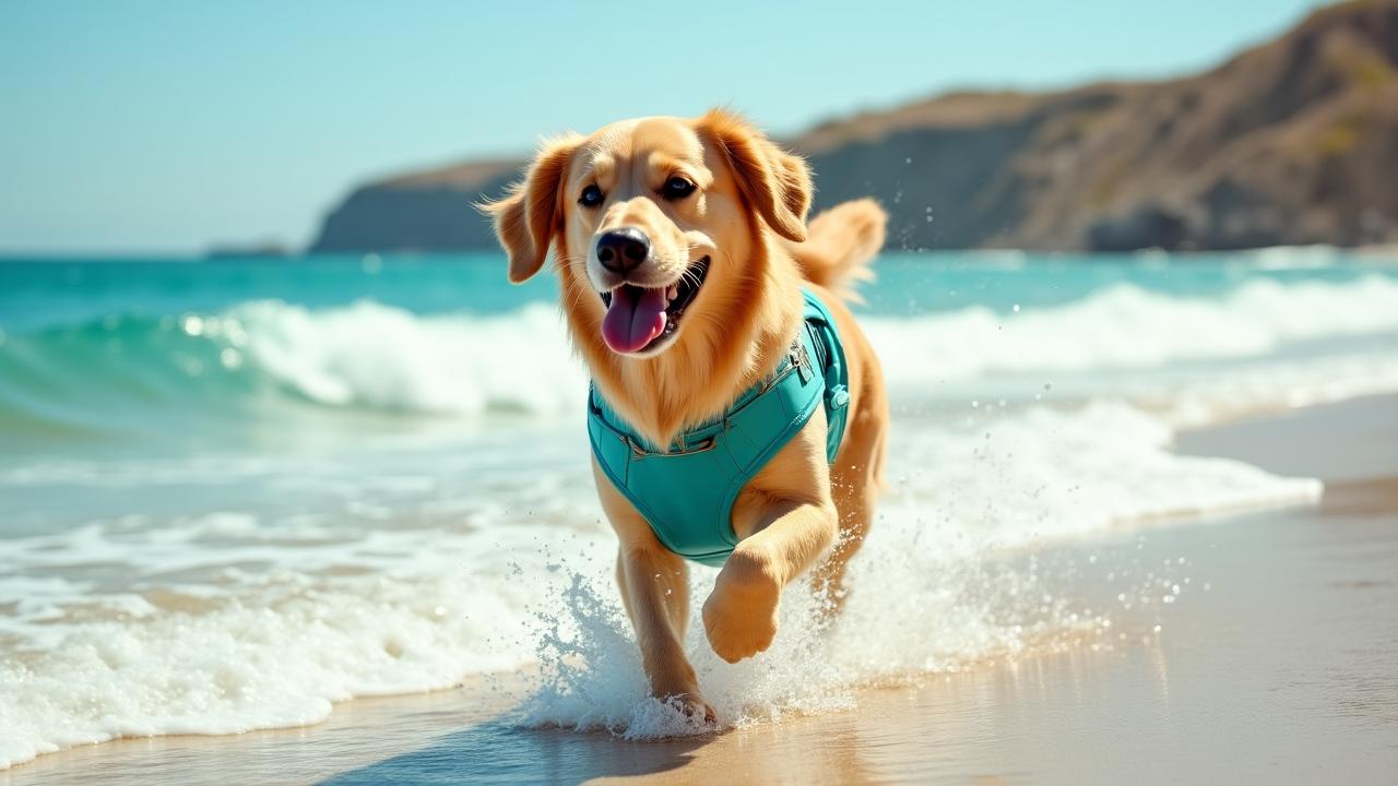 A joyful Golden Retriever splashing through San Diego surf wearing a waterproof teal harness.