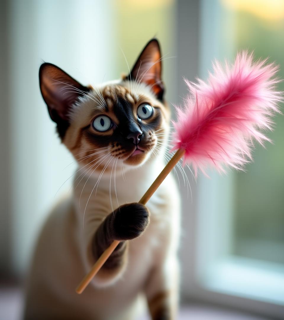 Curious cat playing with sustainable wand toy