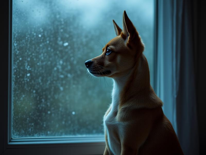 A calm dog resting during a storm