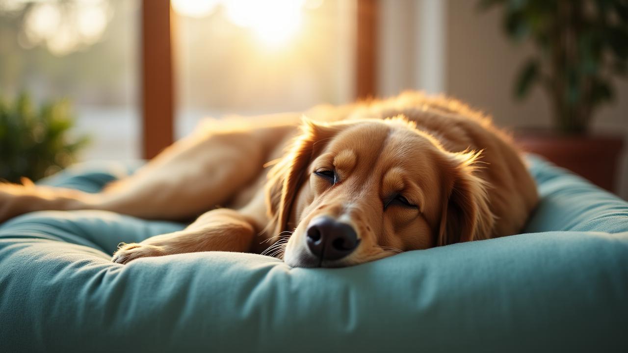 Senior Golden Retriever resting comfortably on a premium orthopedic bed