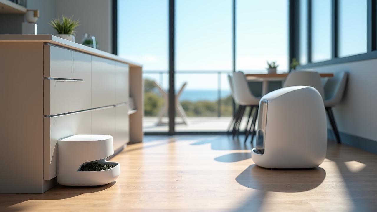 Modern living room showing a sleek smart pet feeder and automated litter box