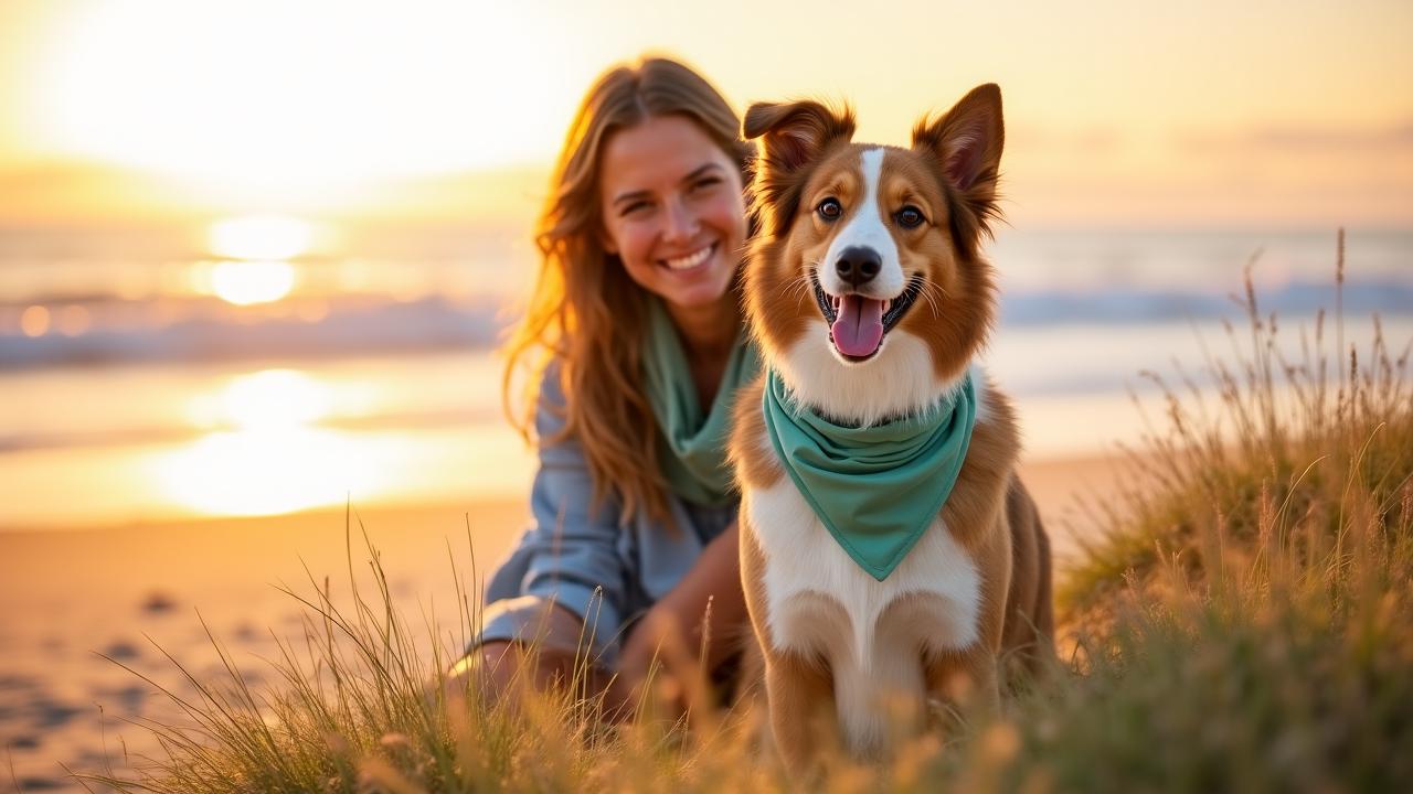 Stylish dog owner and pet wearing matching organic bandanas on a San Diego beach